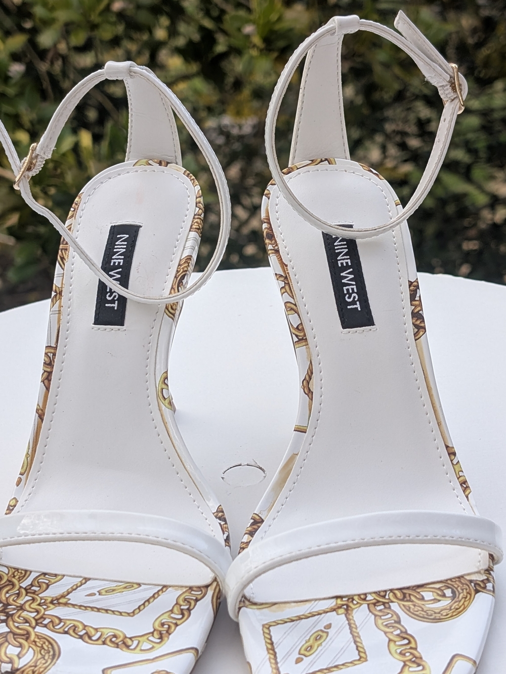 Nine West White Chain-Print Ankle Strap Heels